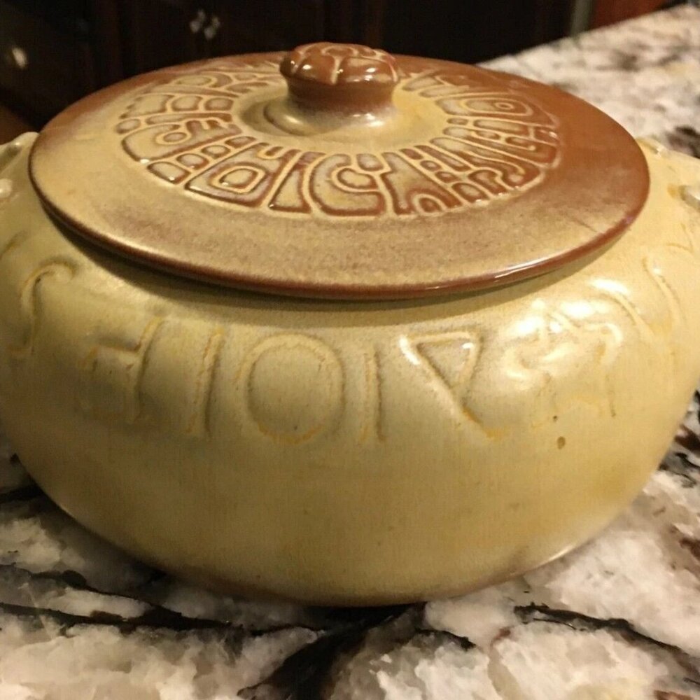 Frankoma Desert Gold 94V Covered Casserole Bean Pot Western Symbols Horseshoe